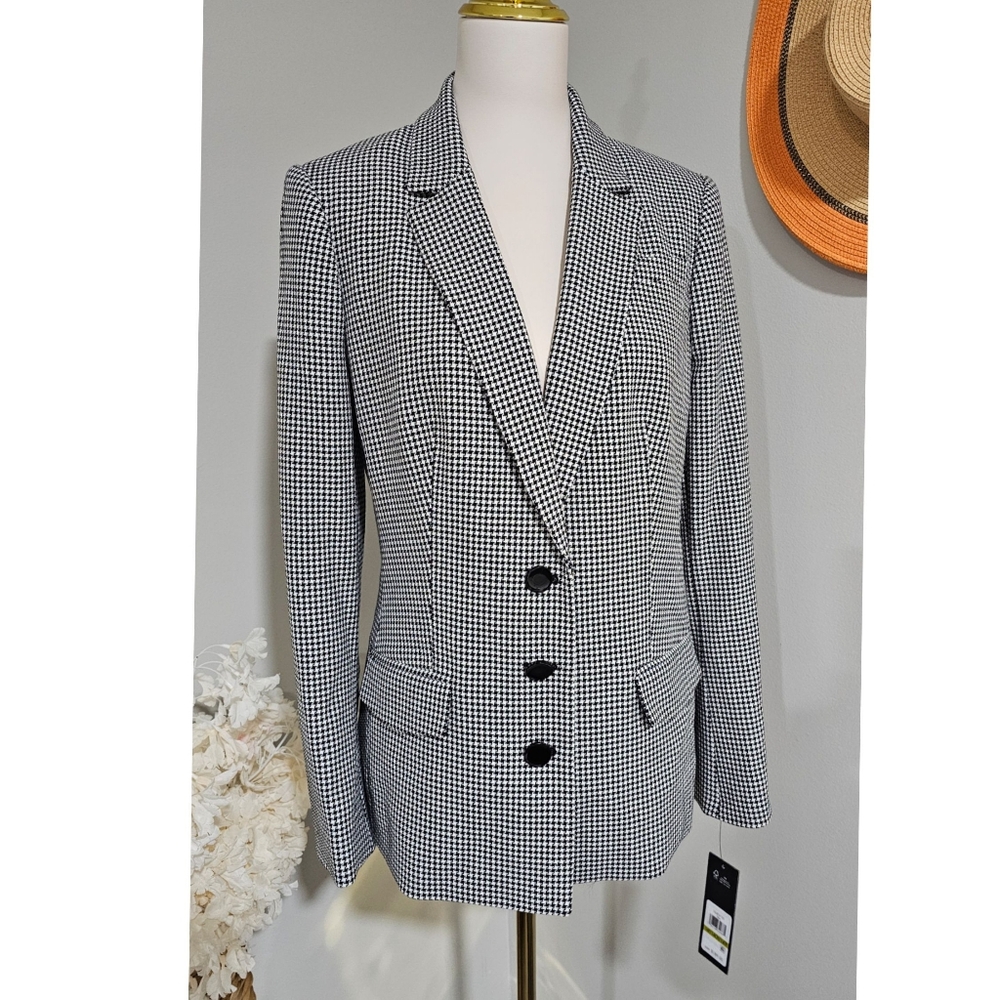 Karl Lagerfeld Paris Black White Houndstooth Check Classic Elegant Blazer